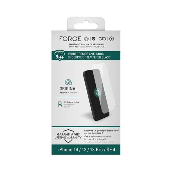 Force Glass - Protège écran iPhone 16e/14 / 13 / 13 Pro Plat Original - Garanti à vie