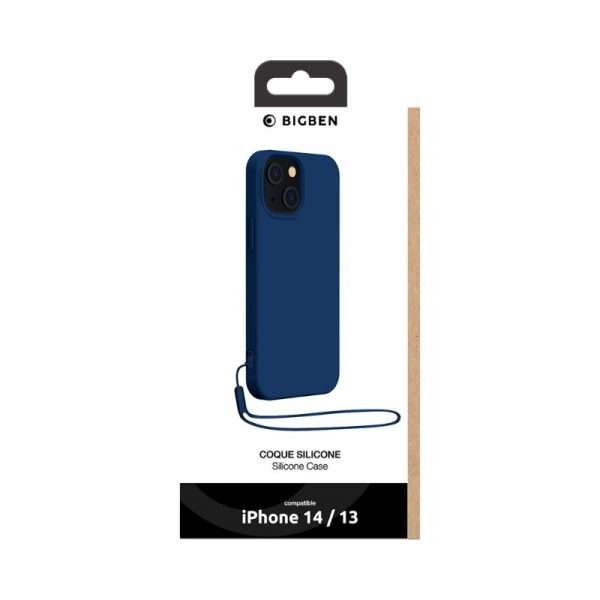 Bigben - Coque iPhone 14 Silicone + dragonne assortie - Bleu marine