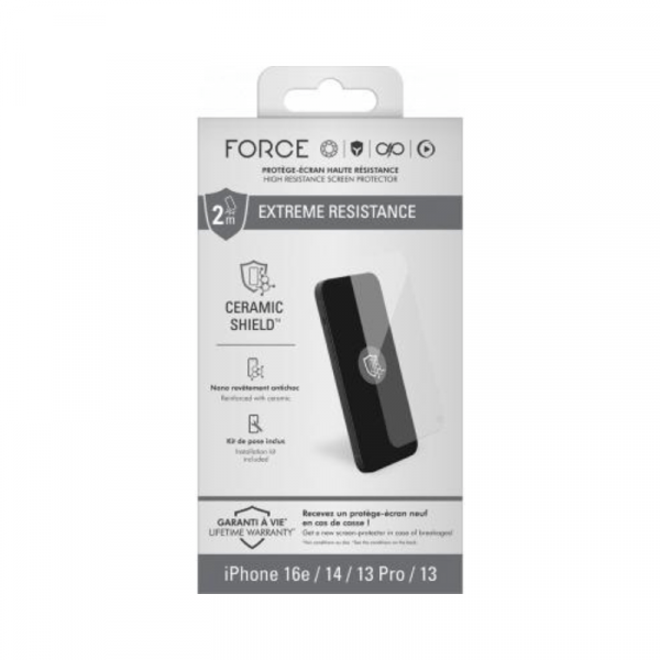 Protège écran iPhone 16e / iPhone 14 / iPhone 13 / iPhone 13 Pro Ceramic Shield 2.5D Verre trempé - Force Glass