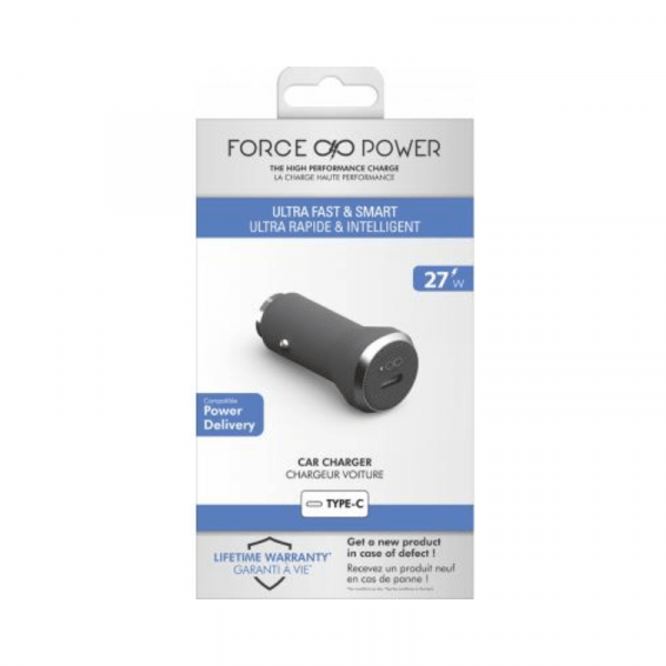 Chargeur voiture USB C 27W Power Delivery Gris + Garantie à vie