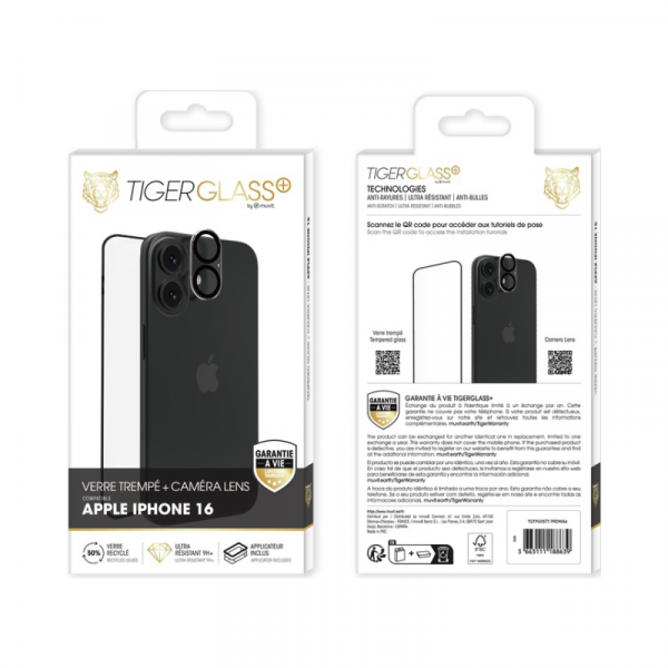 TIGER GLASS PLUS PACK CAMERA LENS VERRE TREMPE RECYCLE IPHONE 16