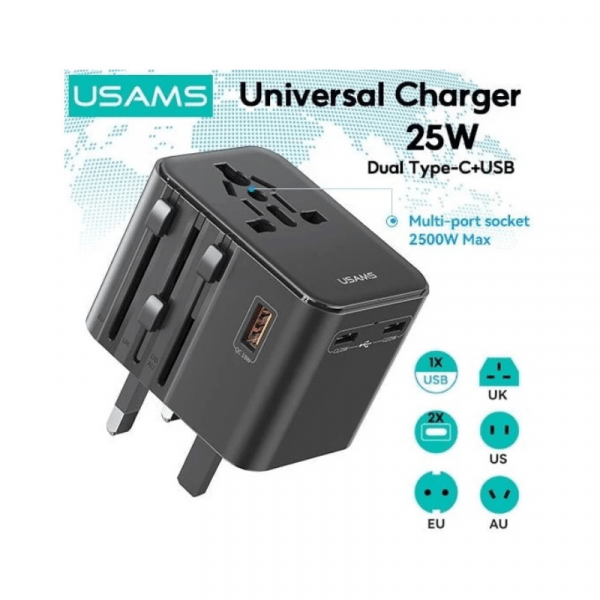 Chargeur Secteur Rapide USB-C 25W : 1 USB-A + 2 USB-C - International 4-EN-1 AU / UK / US / EU - USAMS
