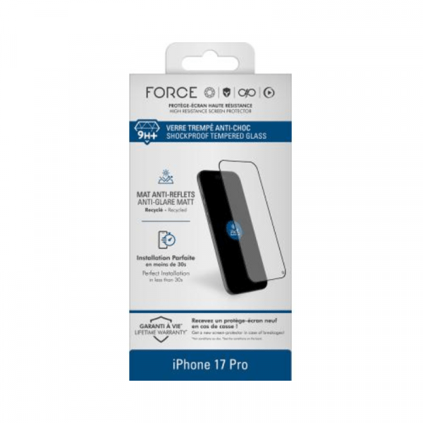 Protège écran iPhone 17 Pro Mat Anti-reflet 2.5D Verre trempé + Garantie à vie - Force Glass