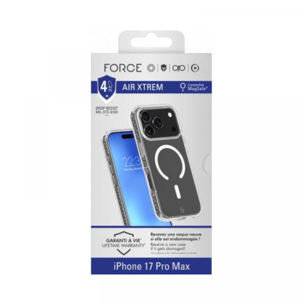 Coque renforcée MagSafe iPhone 17 Pro Max AIR XTREM 4m Norme Militaire MIL-STD 810G Transparente-Force Case