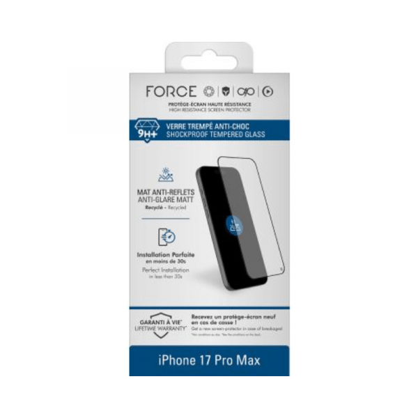 Protège écran iPhone 17 Pro Max Mat Anti-reflet 2.5D Verre trempé - Force Glass