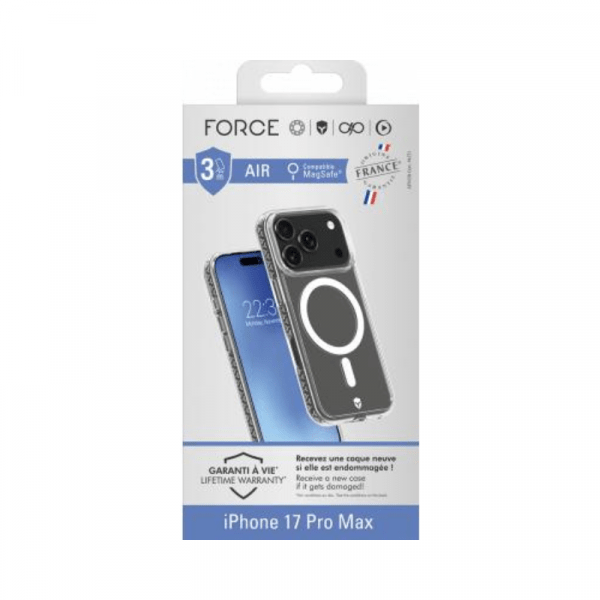 Coque renforcée MagSafe iPhone 17 Pro Max AIR Origine France Garantie 3m Transparente - Force Case