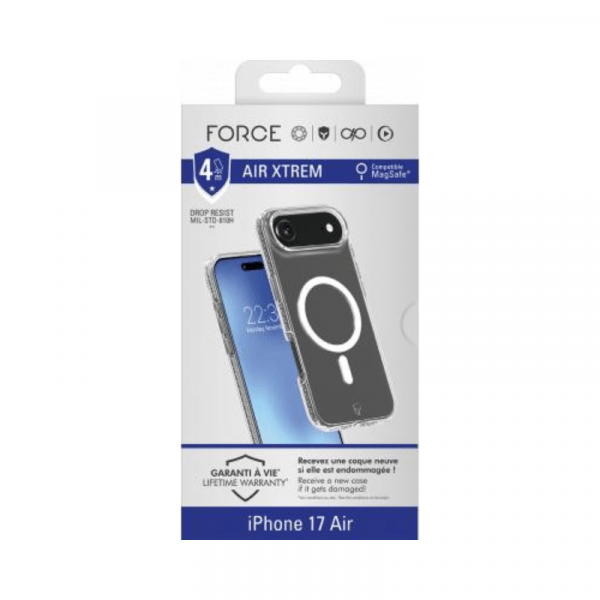 Force Case - Coque renforcée MagSafe iPhone 17 Air AIR XTREM 4m Norme Militaire MIL-STD 810G Transparente