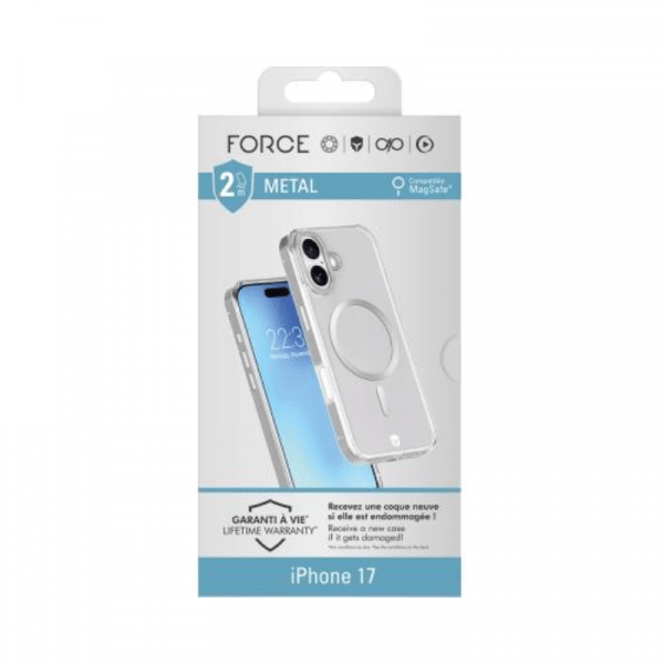 Coque renforcée MagSafe iPhone 17 METAL 2m Transparente Contour Métal Gris - Force Case