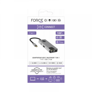 Hub USB C Multiports 7 en 1 HDMI™ + 2 USB A 3.0 + 3 USB C 3.0 + RJ45 PD 100W Gris - Force Power