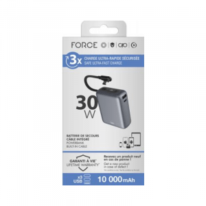 Powerbank 10000mAh 2 ports USB A+C 30W PD/QC Câble intégré Gris - Force Power