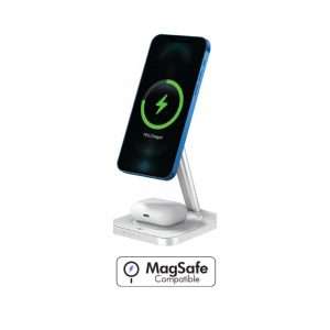 Force Power - Station de charge sans fil 15W Qi Stand 2 zones - Blanc/Argent